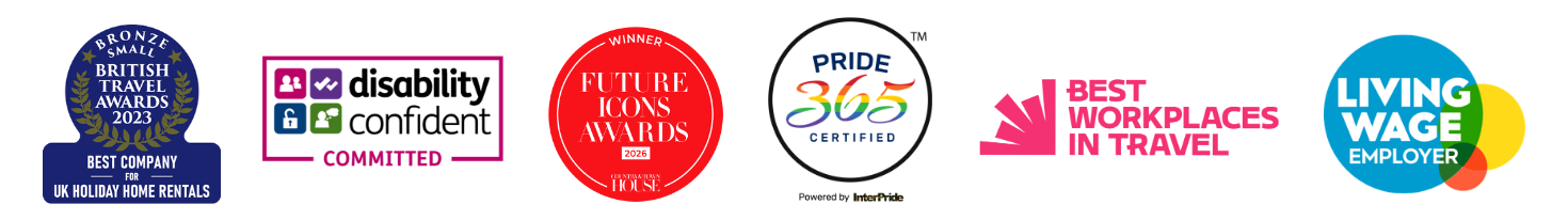 Awards and accreditations including British Travel Awards, Disability Confident, Future Icons, Pride 365, Best Workplaces in Travel, and Living Wage Employer