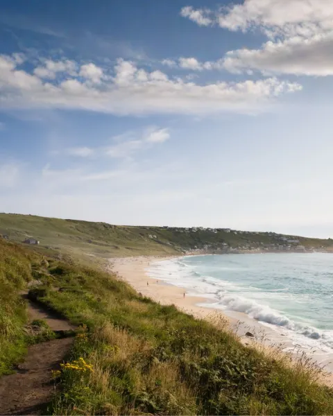 Image the-best-coastal-walks-in-cornwall-1781097257 for An image of Sennen Cove, from the coast path, Cornwall.